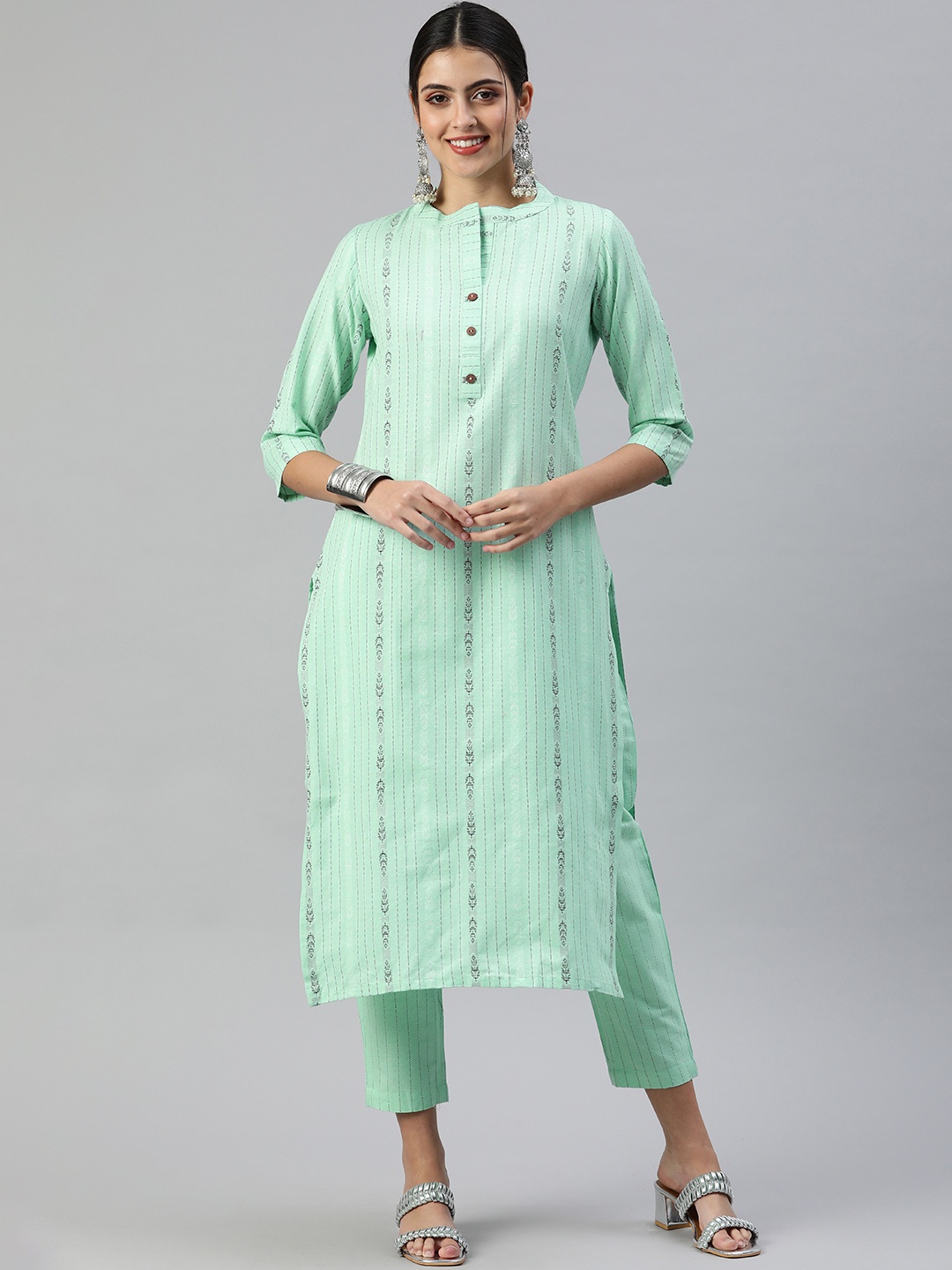 

Fourleaf Women Striped Regular Thread Work Kurta with Trousers, Green