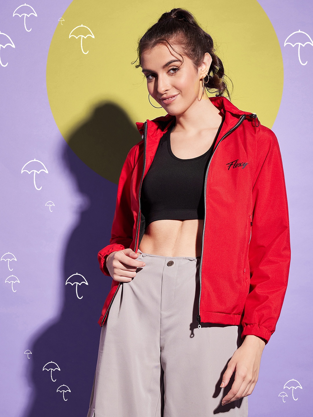

BUY NEW TREND Women Hooded Solid Sports Windcheater Bomber Jacket, Red