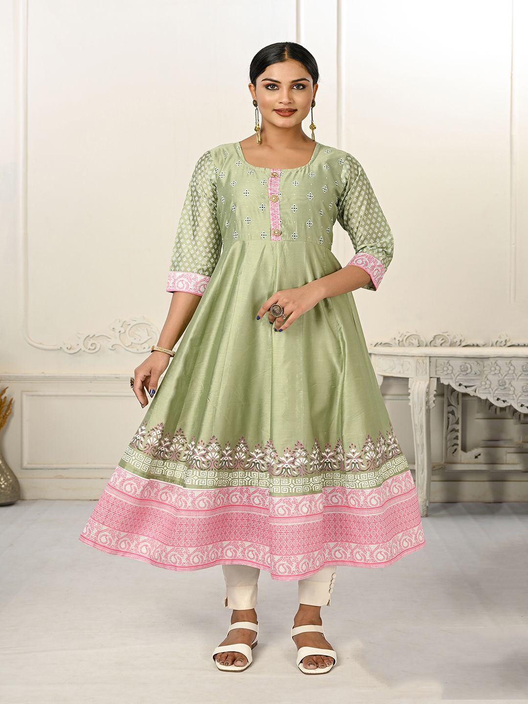 

Krimmple Ethnic Motifs Printed Round Neck Anarkali Kurtas, Green