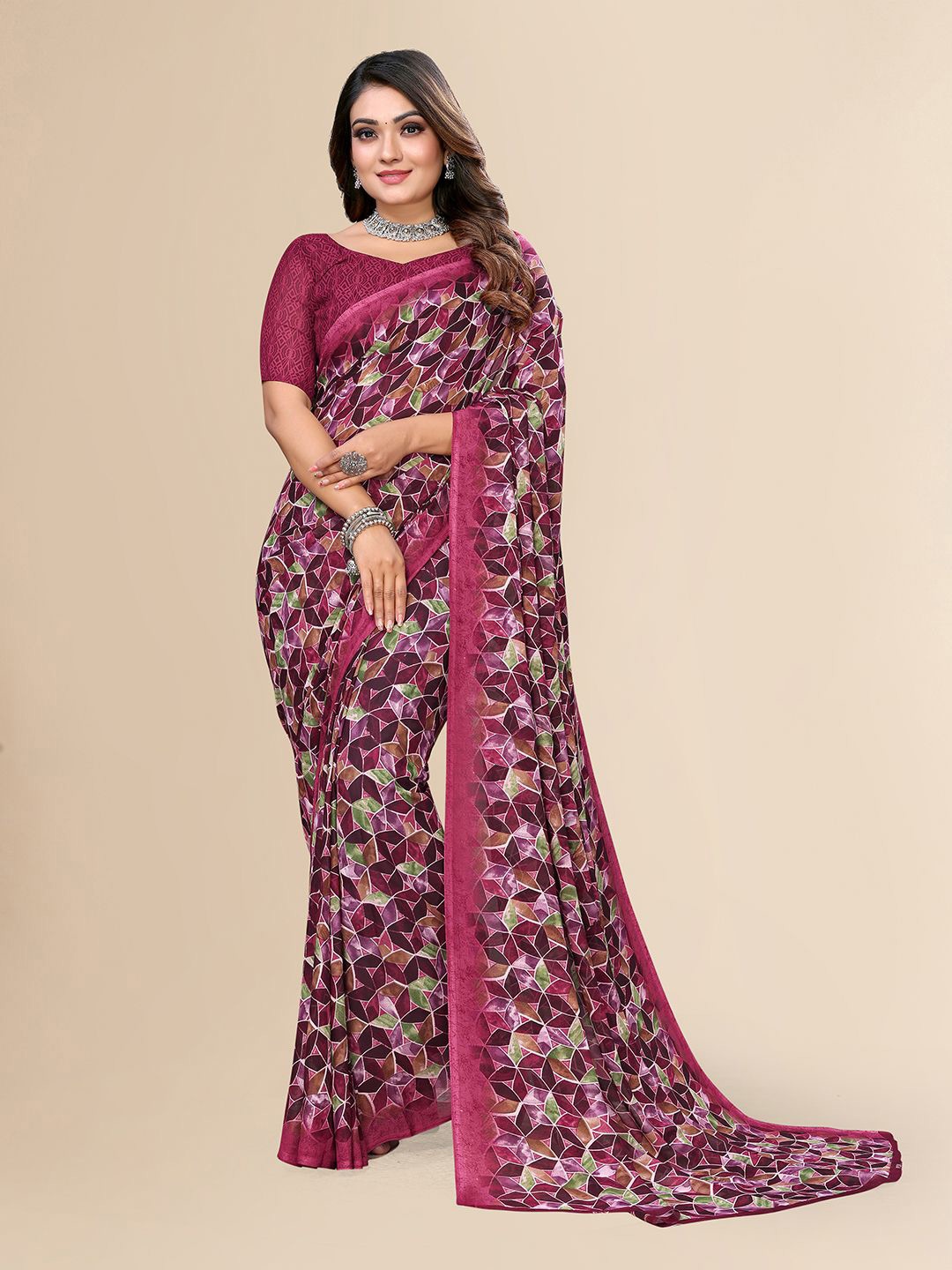 

Moda Rapido Geometric Printed Saree With Blouse Piece, Pink