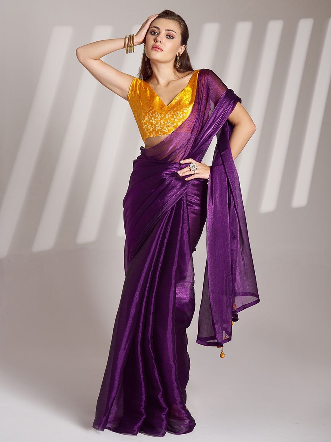 

Mitera Women Organza Saree with Contrast Brocade Blousepeice and Tassels, Purple