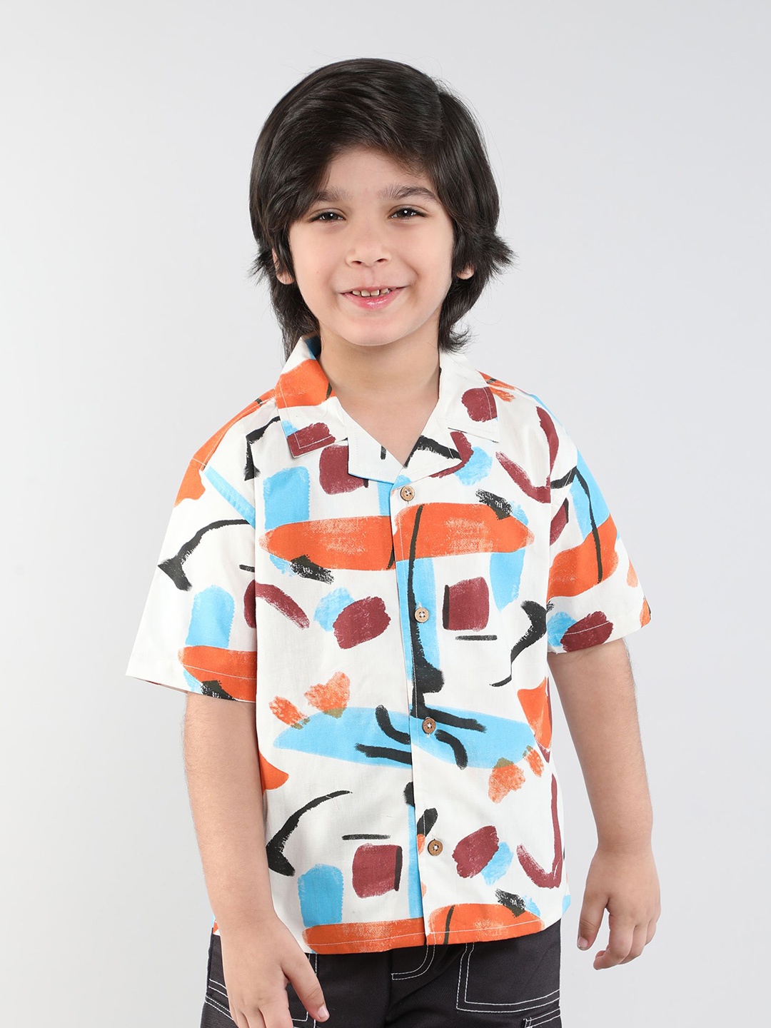 

taffykids Boys Comfort Fit Cuban Collar Abstract Printed Cotton Casual Shirt, Off white