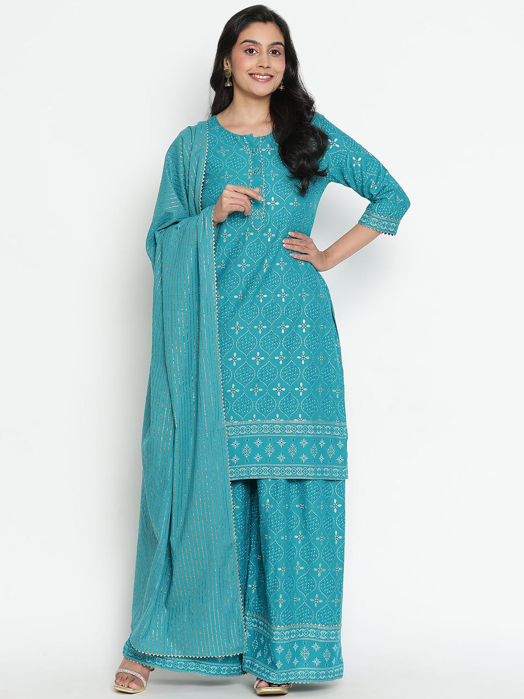 

VEGAL Floral Printed Round Neck Straight Kurta With Palazzos & Dupatta, Green