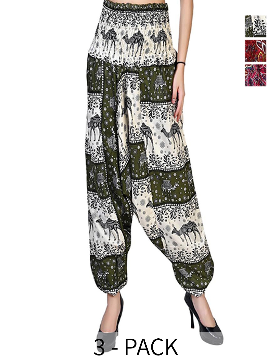 

NarNari Women Pack Of 3 Printed Harem Pants, Maroon