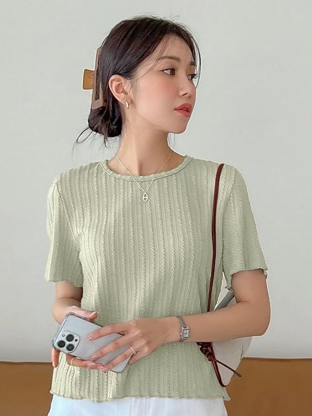 

KASHIAN Women Self Design Round Neck Cotton T-shirt, Green