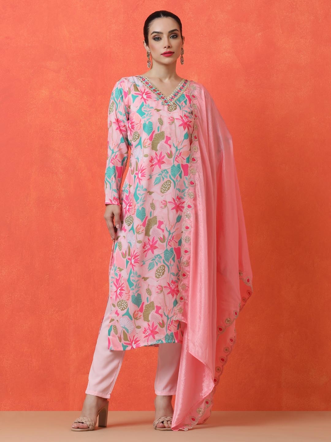 

Jaipur Kurti Floral Printed Thread Work V-Neck Straight Kurta with Trousers And Dupatta, Pink