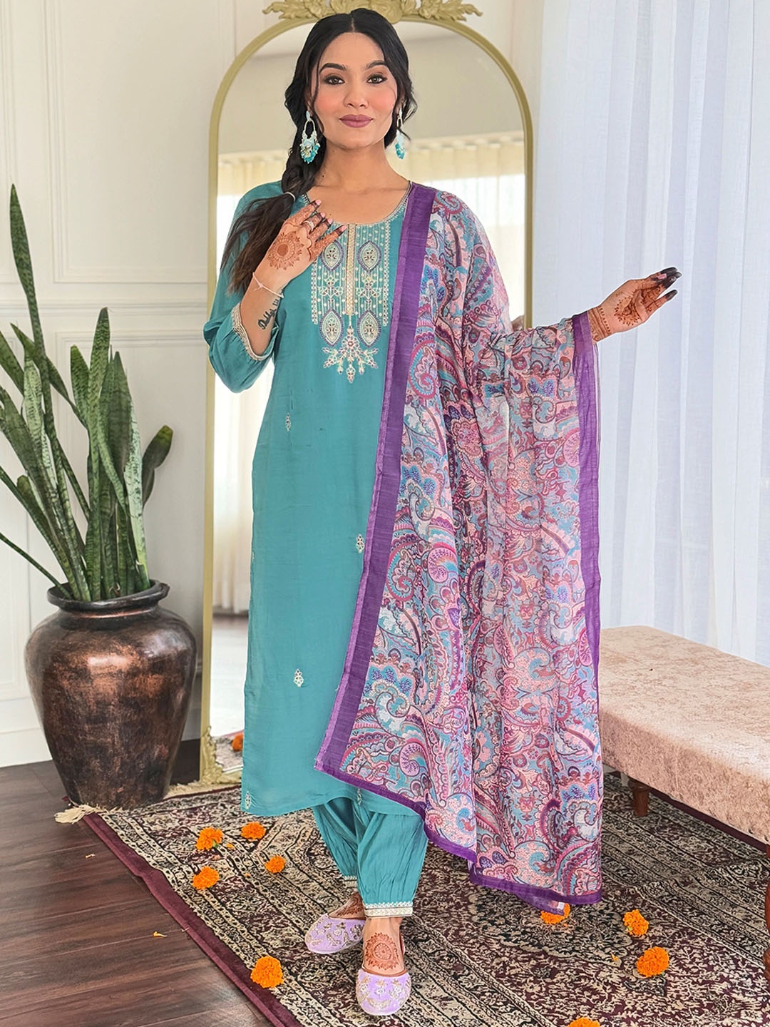 

KALINI Floral Embroidered Yoke Design Scoop Neck A-Line Kurta With Trouser And Dupatta, Blue