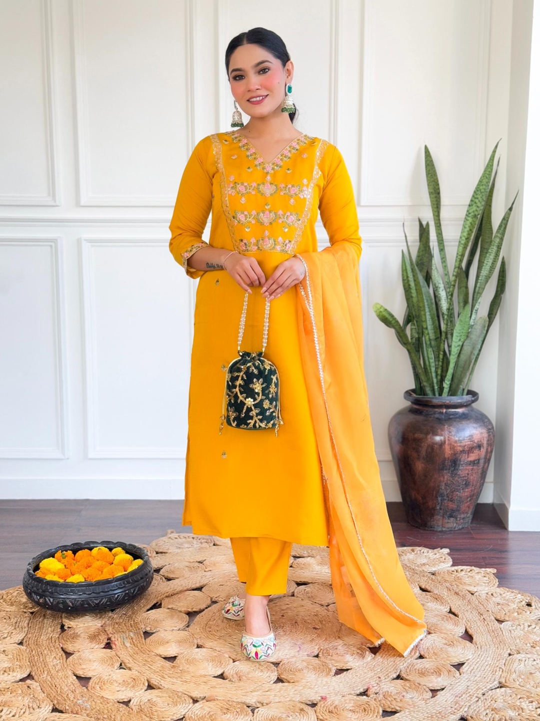 

Moda Rapido Floral Embroidered V-Neck Straight Kurta With Trousers & Dupatta, Orange
