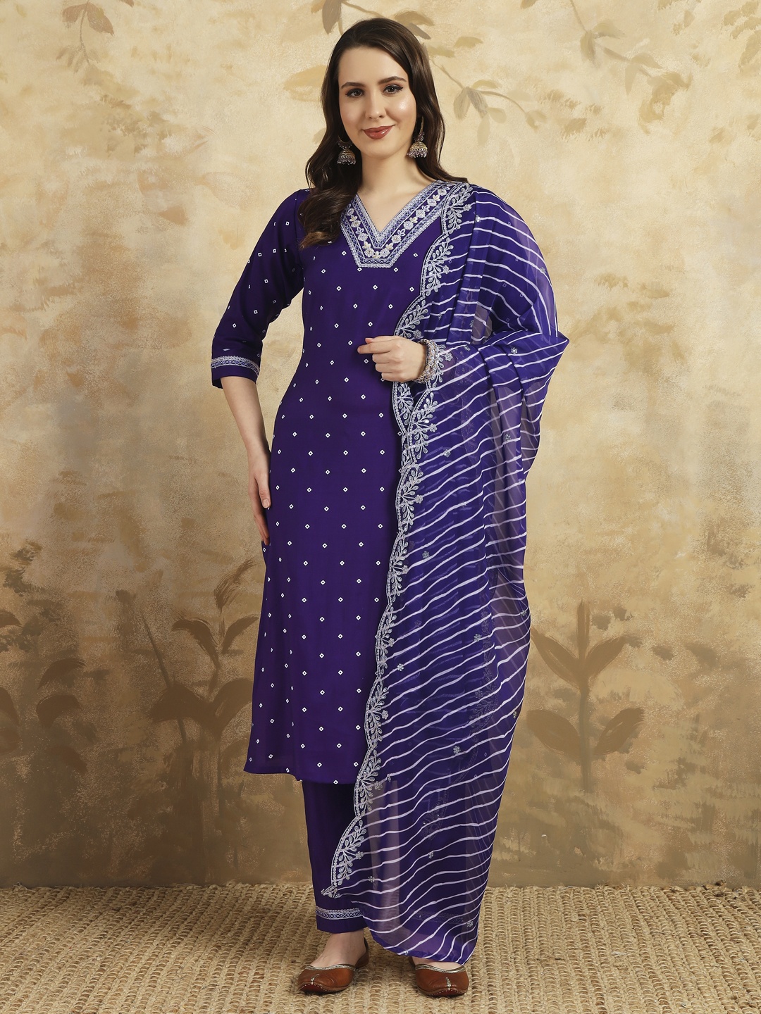 

KALINI Thread Work V-Neck Straight Kurta With Trousers And Dupatta, Blue