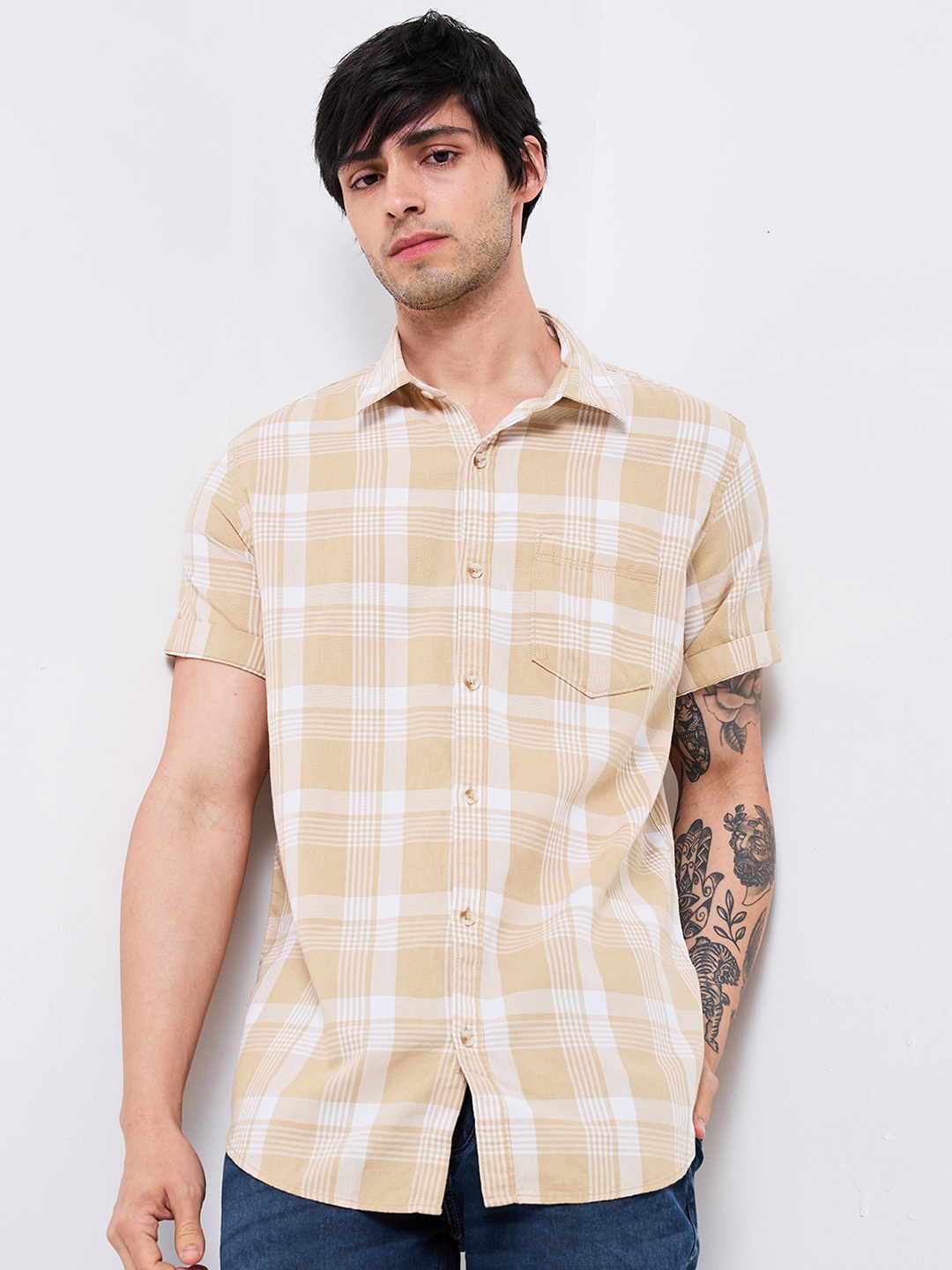 

SPYKAR Men Spread Collar Tartan Checked Cotton Casual Shirt, Beige