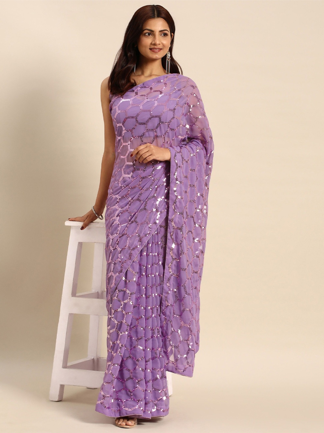 

Moda Rapido Embellished Sequinned Pure Georgette Saree, Lavender