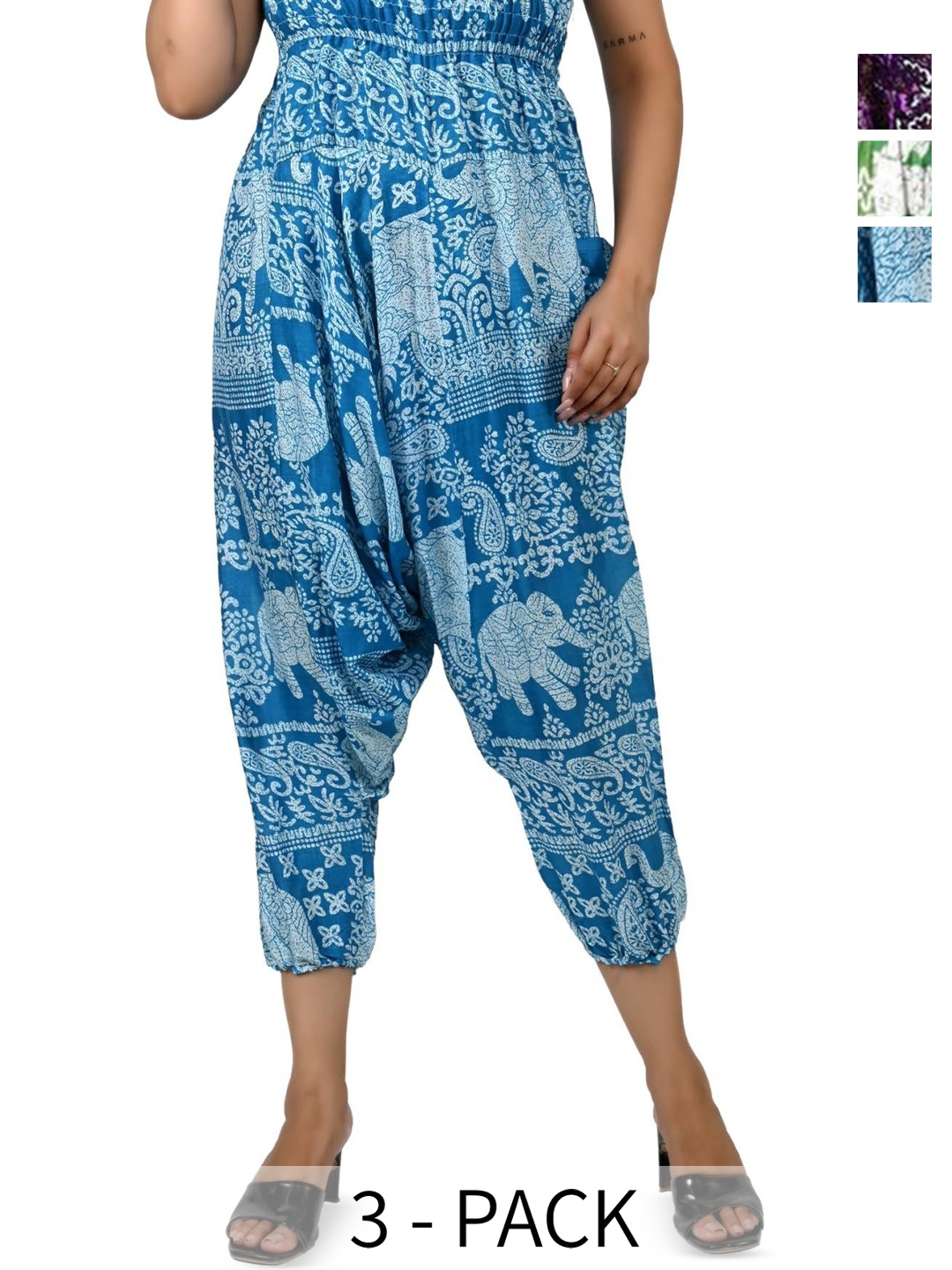 

NarNari Women Pack Of 3 Printed Mid-Rise Harem Pants, Blue