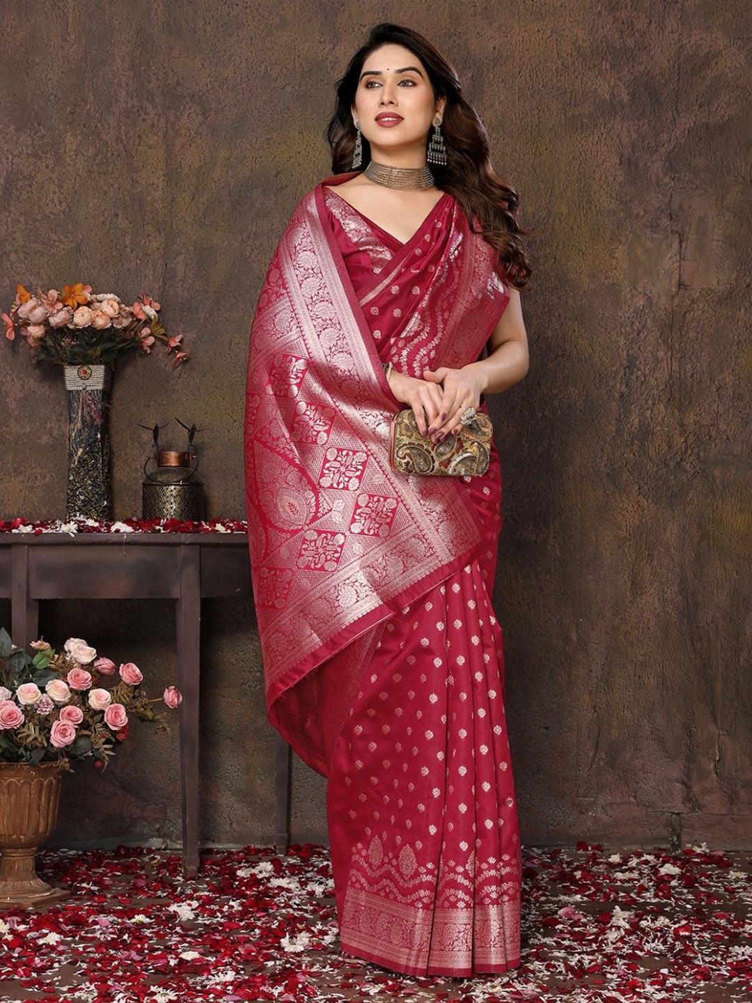 

KALINI Woven Design Zari Silk Cotton Banarasi Saree, Maroon