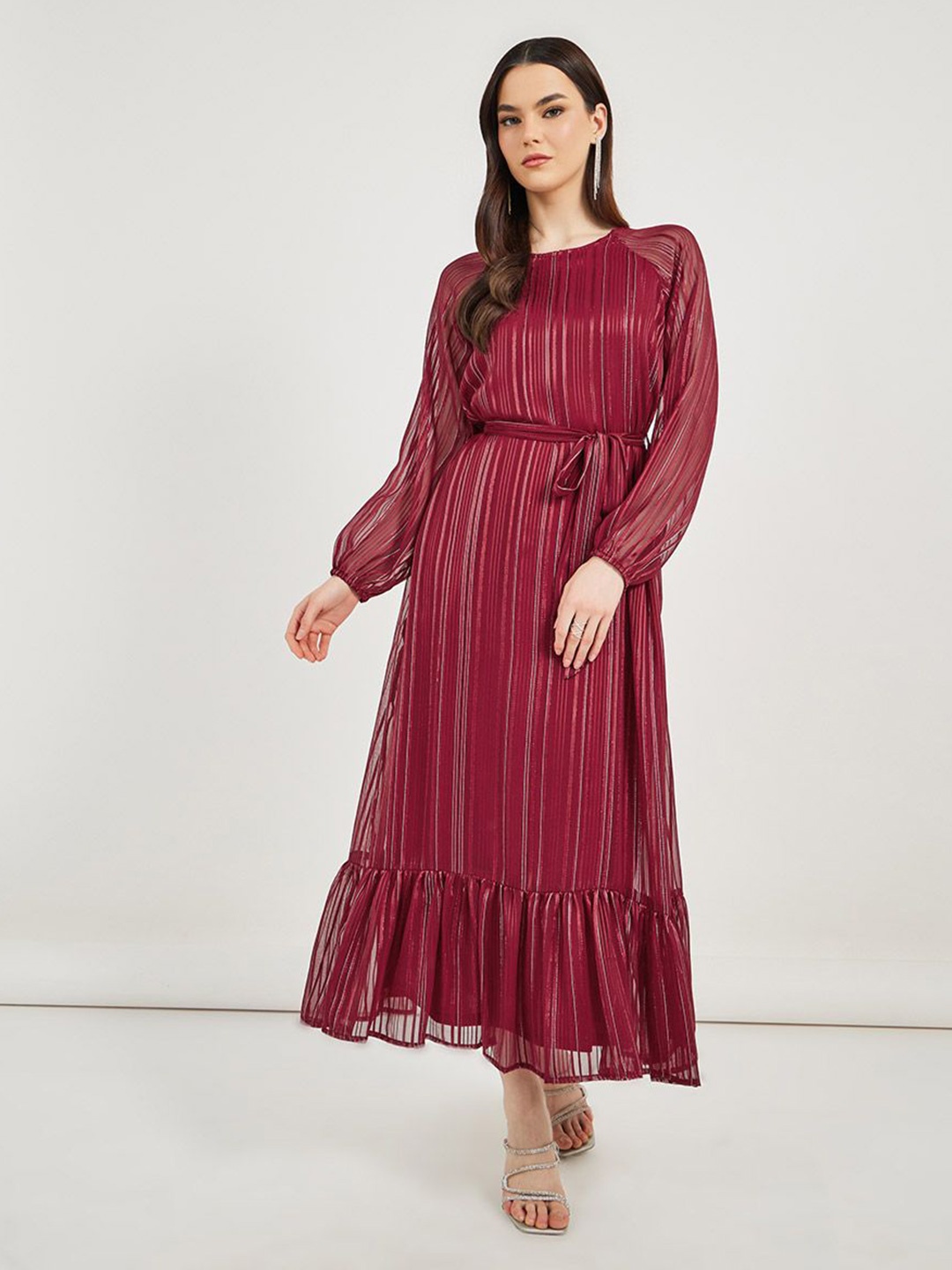 

Styli Women Striped Puff Sleeves Wrap Maxi Dress, Burgundy