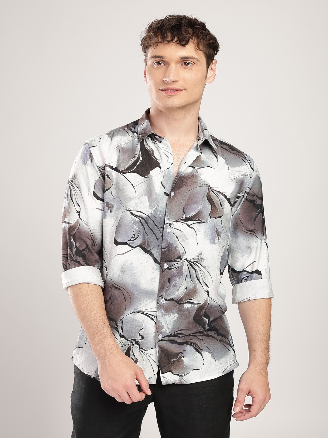 

NEVER NEUD Men Comfort Fit Spread Collar Abstract Printed Casual Shirt, Grey