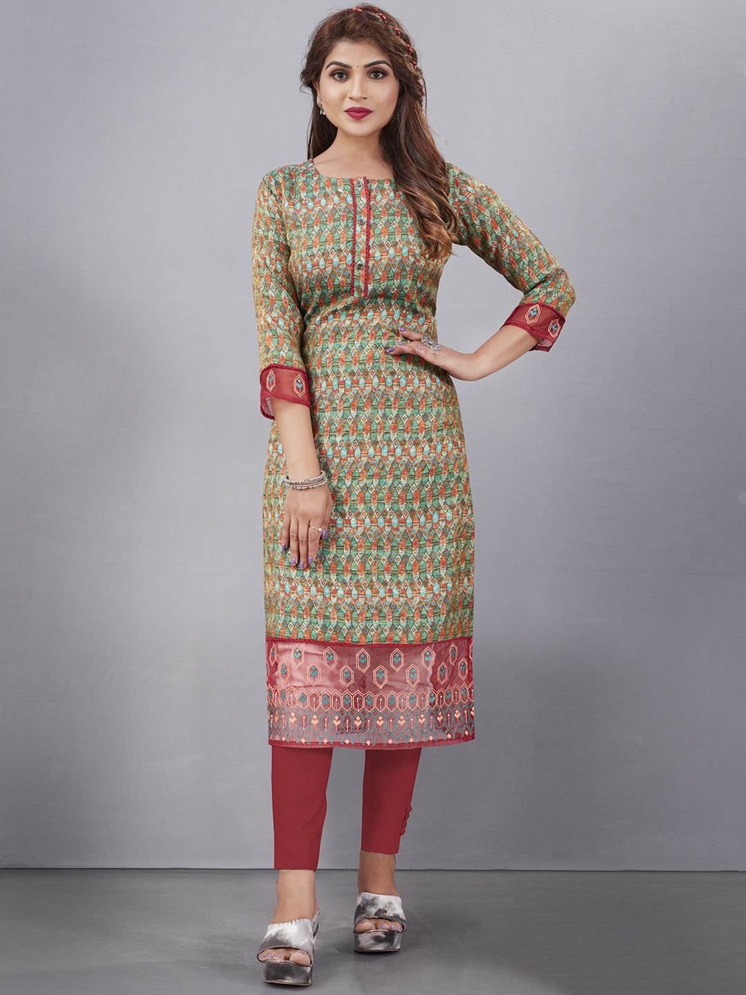 

Krimmple Women Ethnic Motifs Printed Straight Kurta, Green