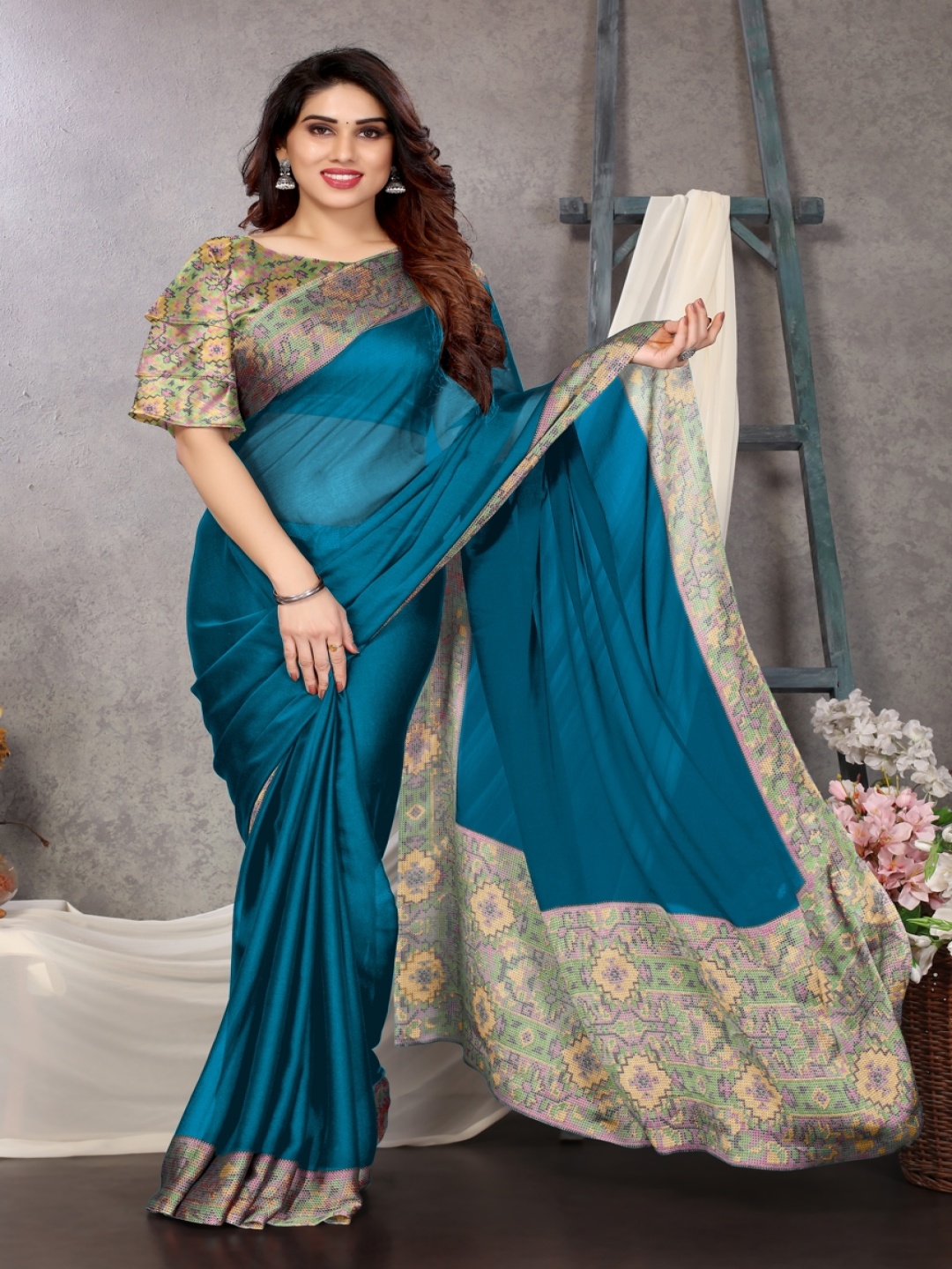 

KALINI Poly Chiffon Saree, Teal