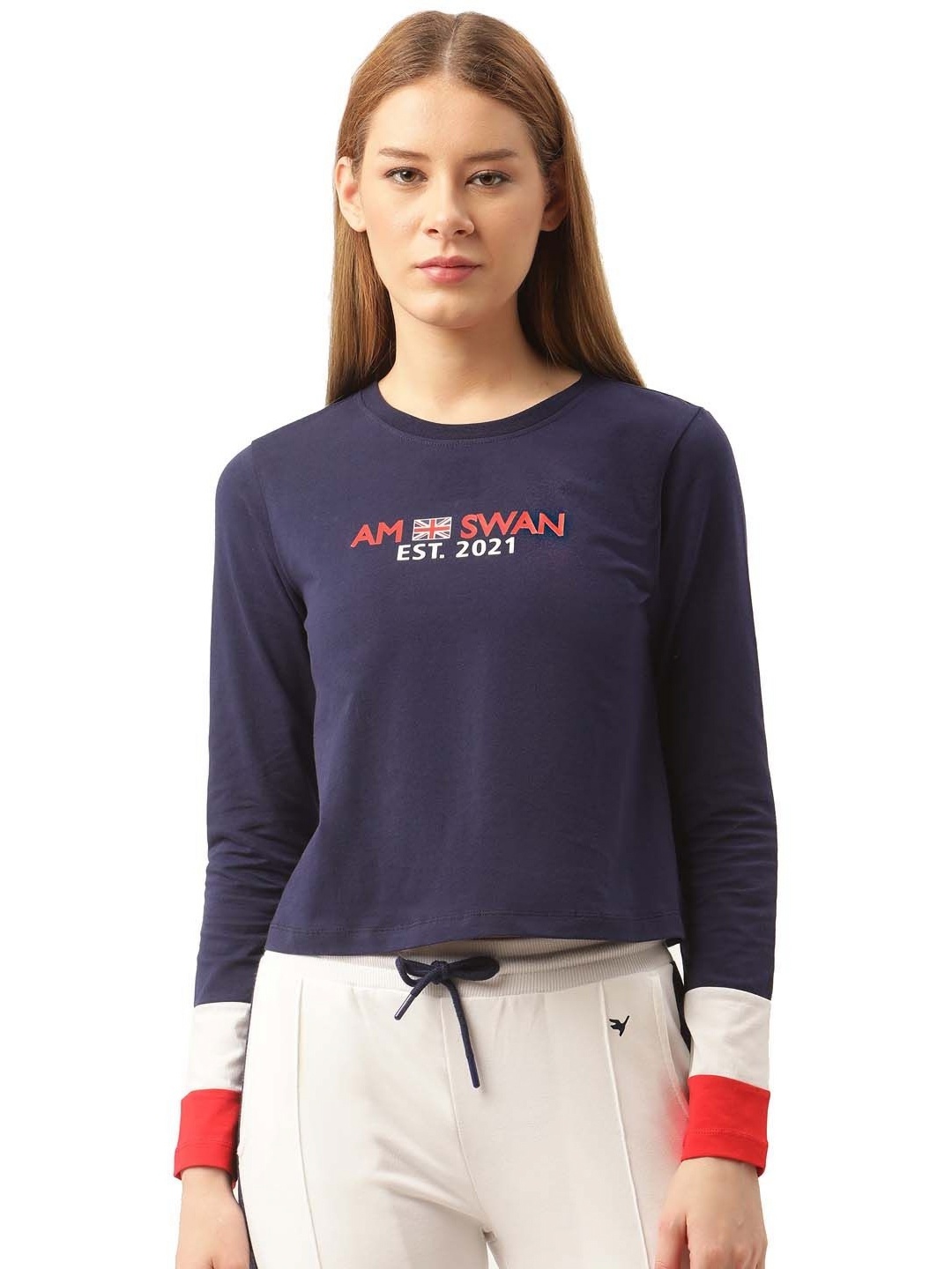 

AMSWAN Women Typography Printed Round Neck Cotton T-shirt, Navy blue