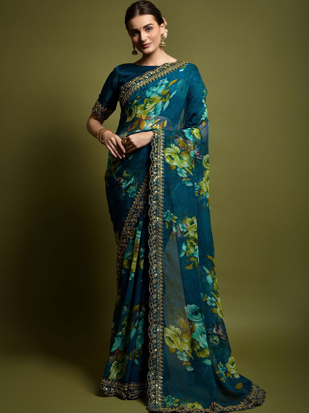 

Moda Rapido Floral Sequinned Pure Georgette Saree, Navy blue