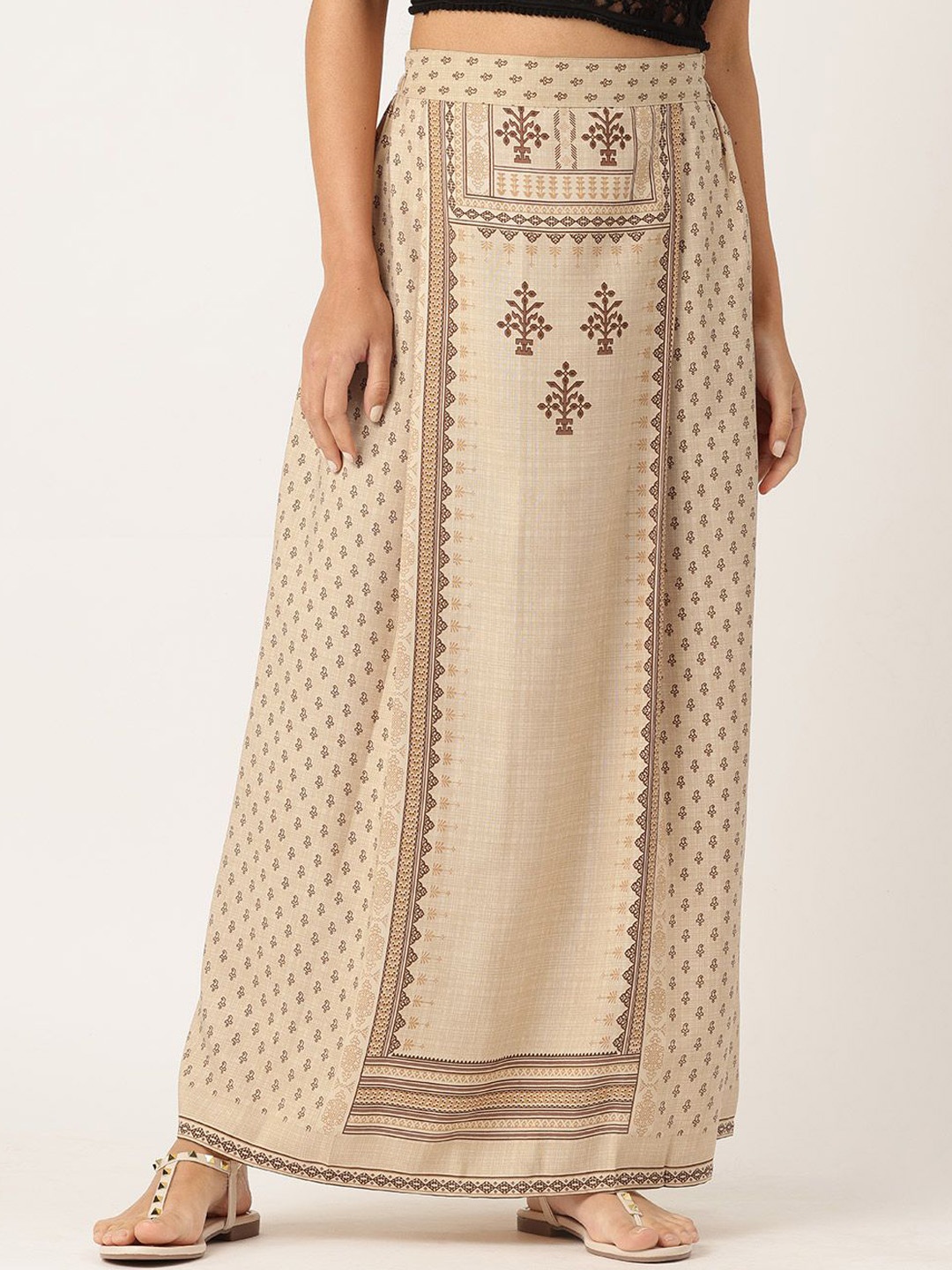 

Molcha Women Printed Pure Cotton Straight Maxi Skirt, Beige