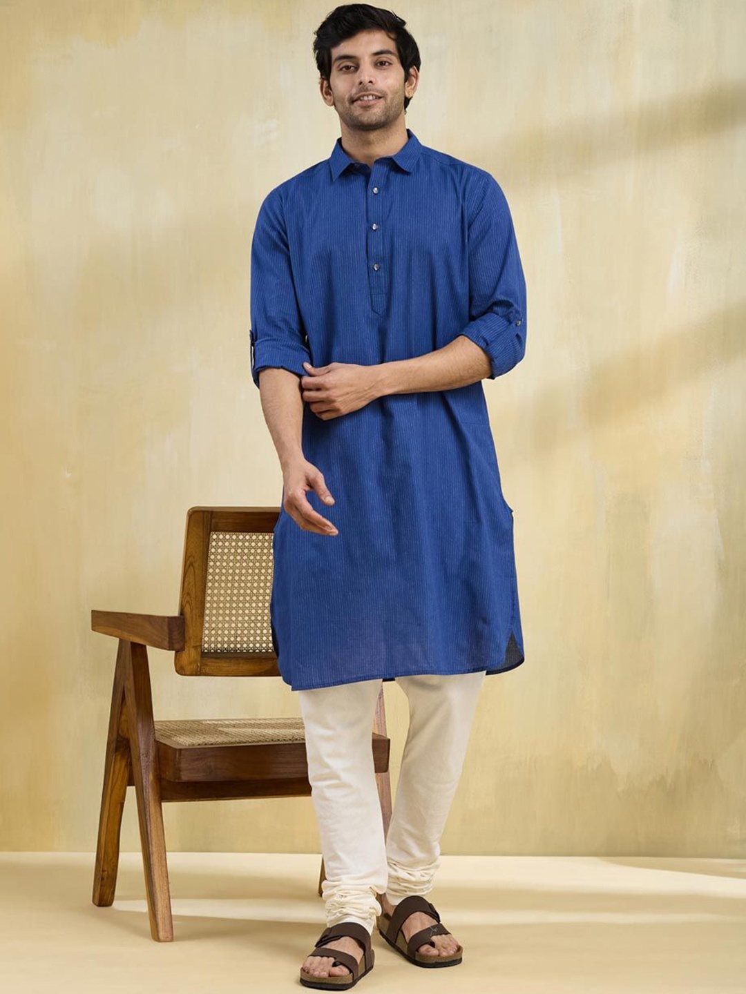 

Fabindia Men Striped Thread Work Shirt Collar Cotton Straight Kurta, Blue