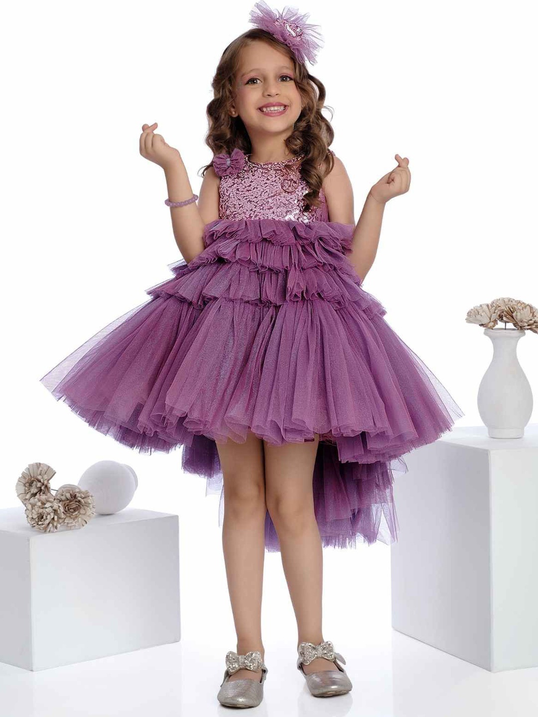 

Lagorii Girls Bushy And Sequins Worked Net Fit & Flare Dress, Pink