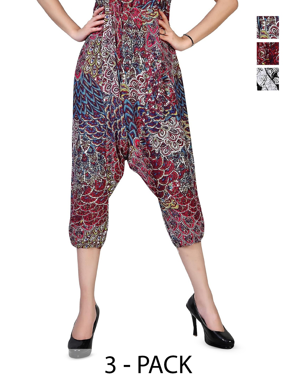 

NarNari Women Pack Of 3 Printed High-Rise Harem Pants, Red