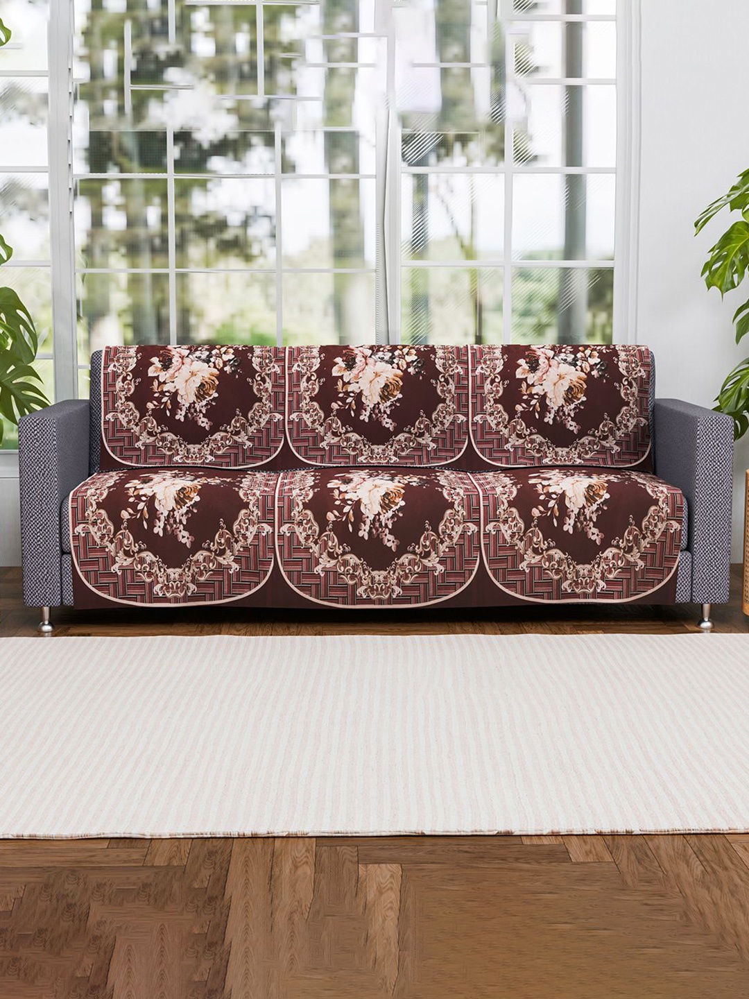 

Kuber Industries Maroon & Beige 6 Pieces 3 Seater Floral Printed Velvet Sofa Covers