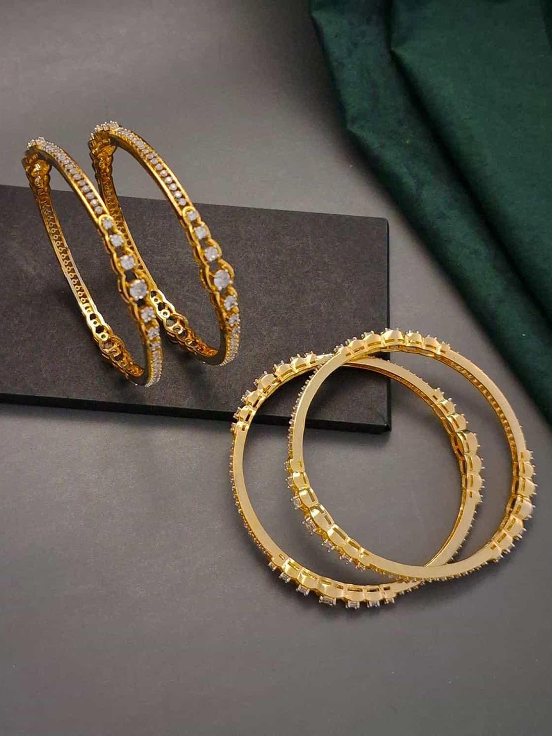 

Zevarly Set Of 2 Gold-Plated American Diamond & Cubic Zirconia Stone-Studded Bangles