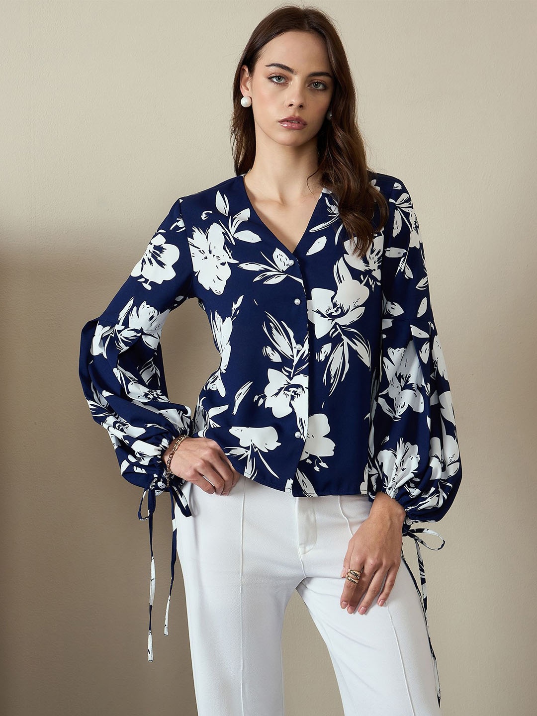 

Kibo Floral Print Bishop Sleeves Crepe Top, Navy blue