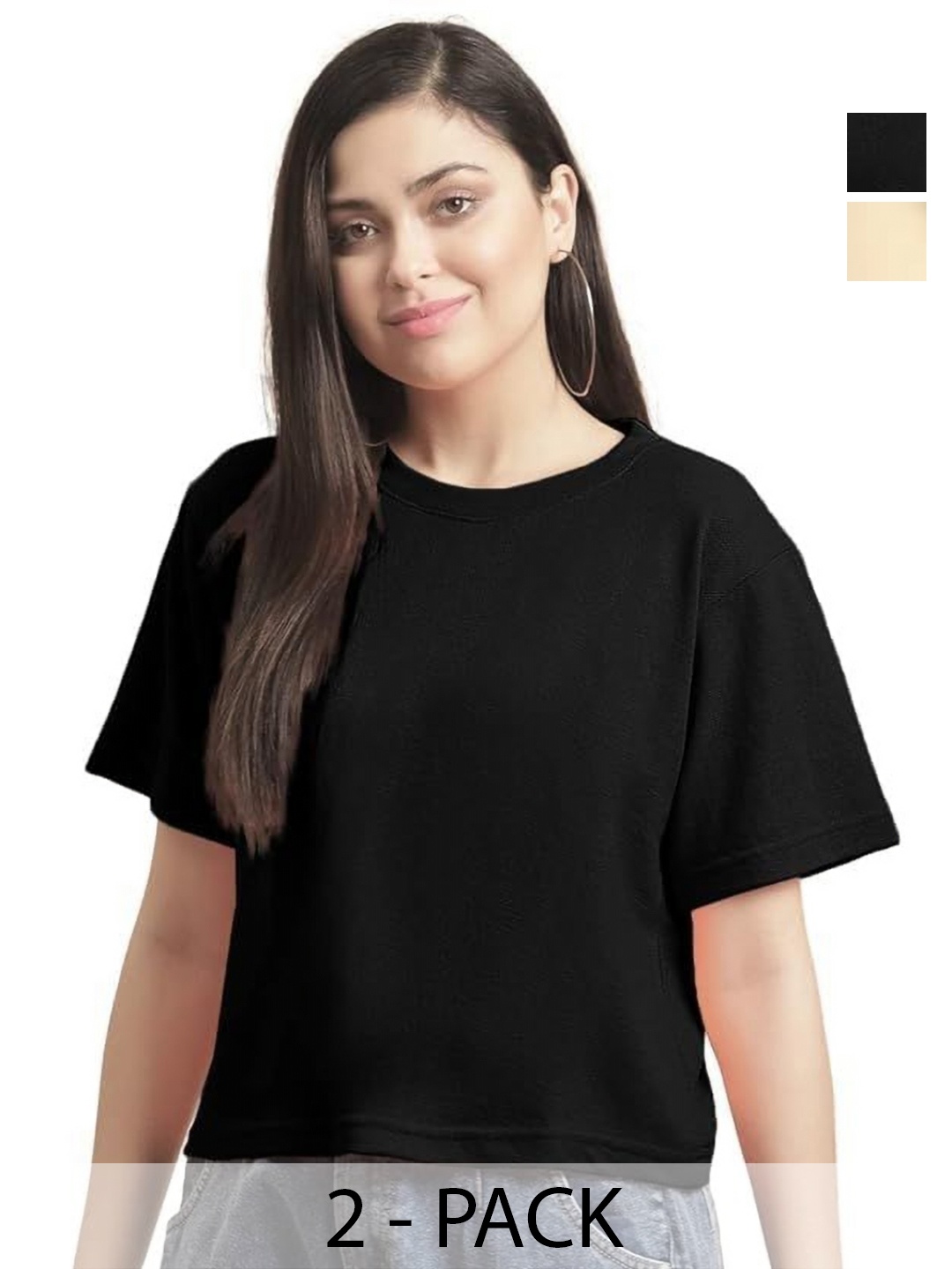 

NOTWILD Women Pack Of 2 Solid Round Neck Cotton T-shirts, Beige