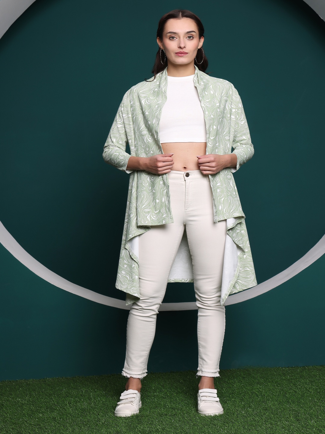 

Zicada Printed Longline High-Low Open Front Shrug, Lime green
