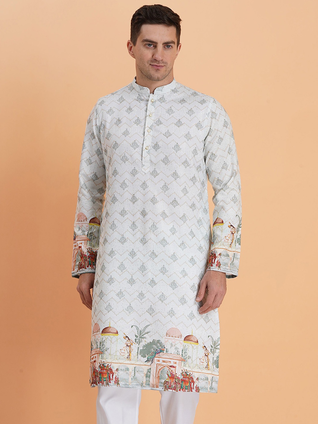 

SG LEMAN Men Geometric Printed Thread Work Kurta, Sea green