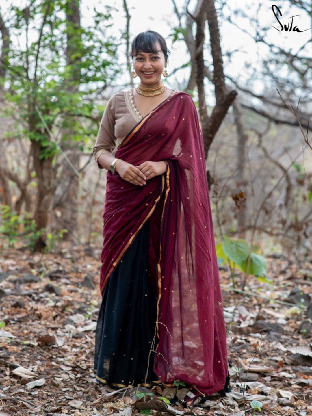 

Suta Sequinned Maroon Cotton Saree