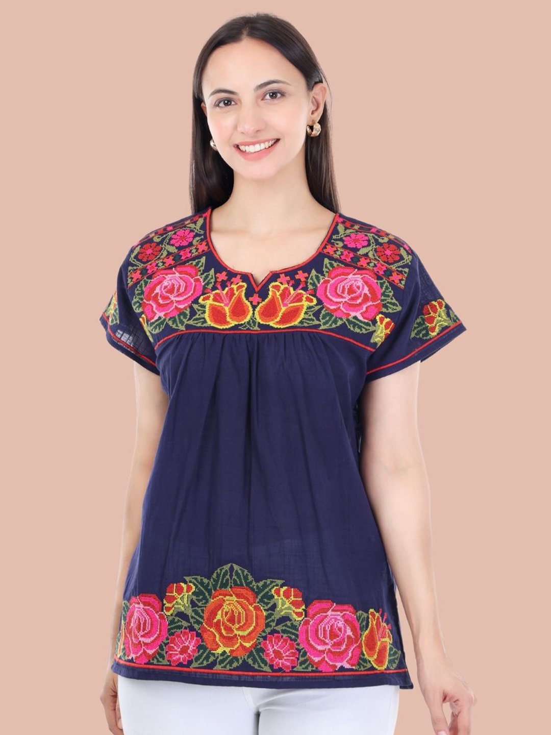 

Moda Rapido Floral Embroidered Pure Cotton Kurti, Navy blue