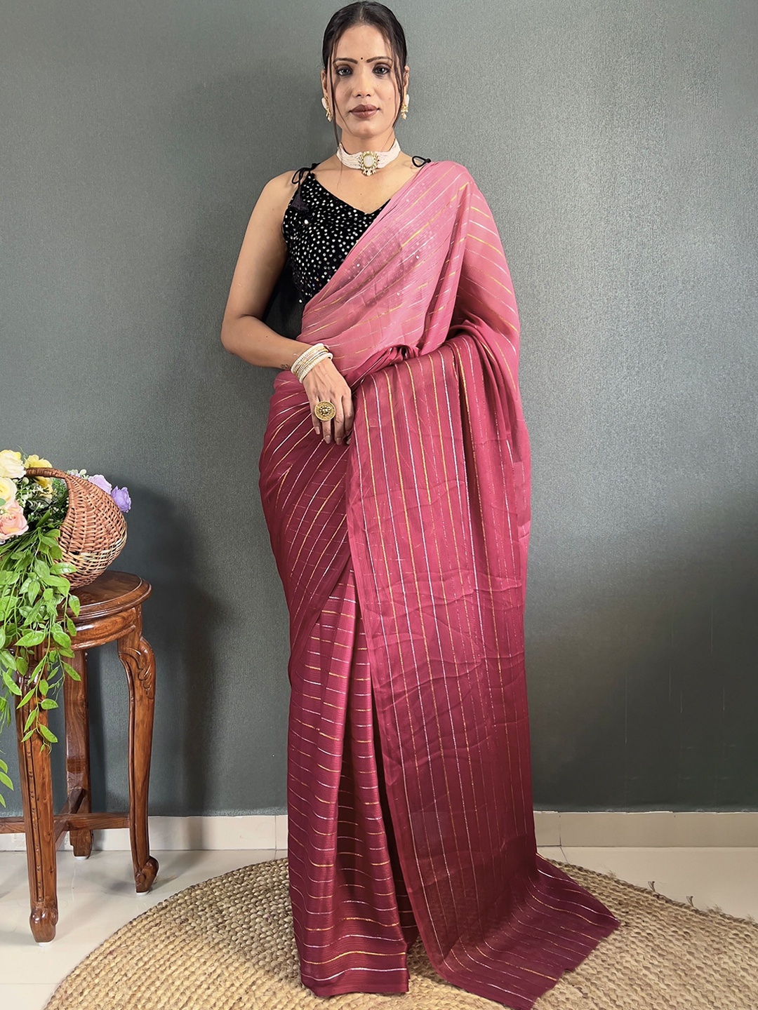 

Moda Rapido Women Striped Pure Georgette Saree, Pink