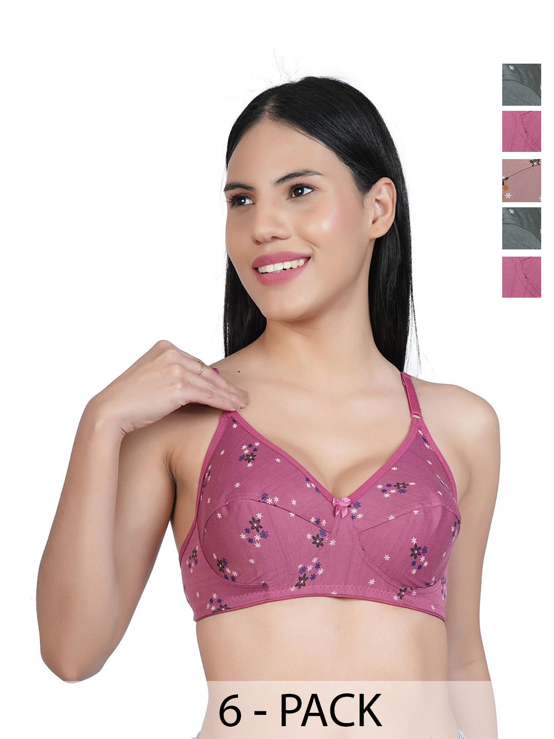 

Docare Women Pack of 6 Floral Printed Cut and Sew Full Coverage Bra, Purple