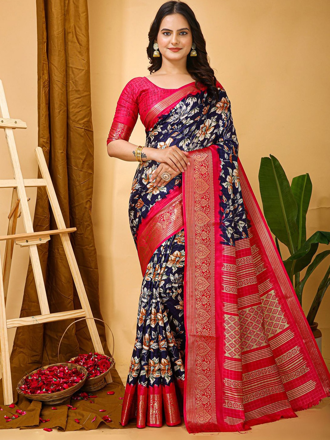 

Anouk Rustic Floral Zari Silk Blend Sungudi Saree, Navy blue