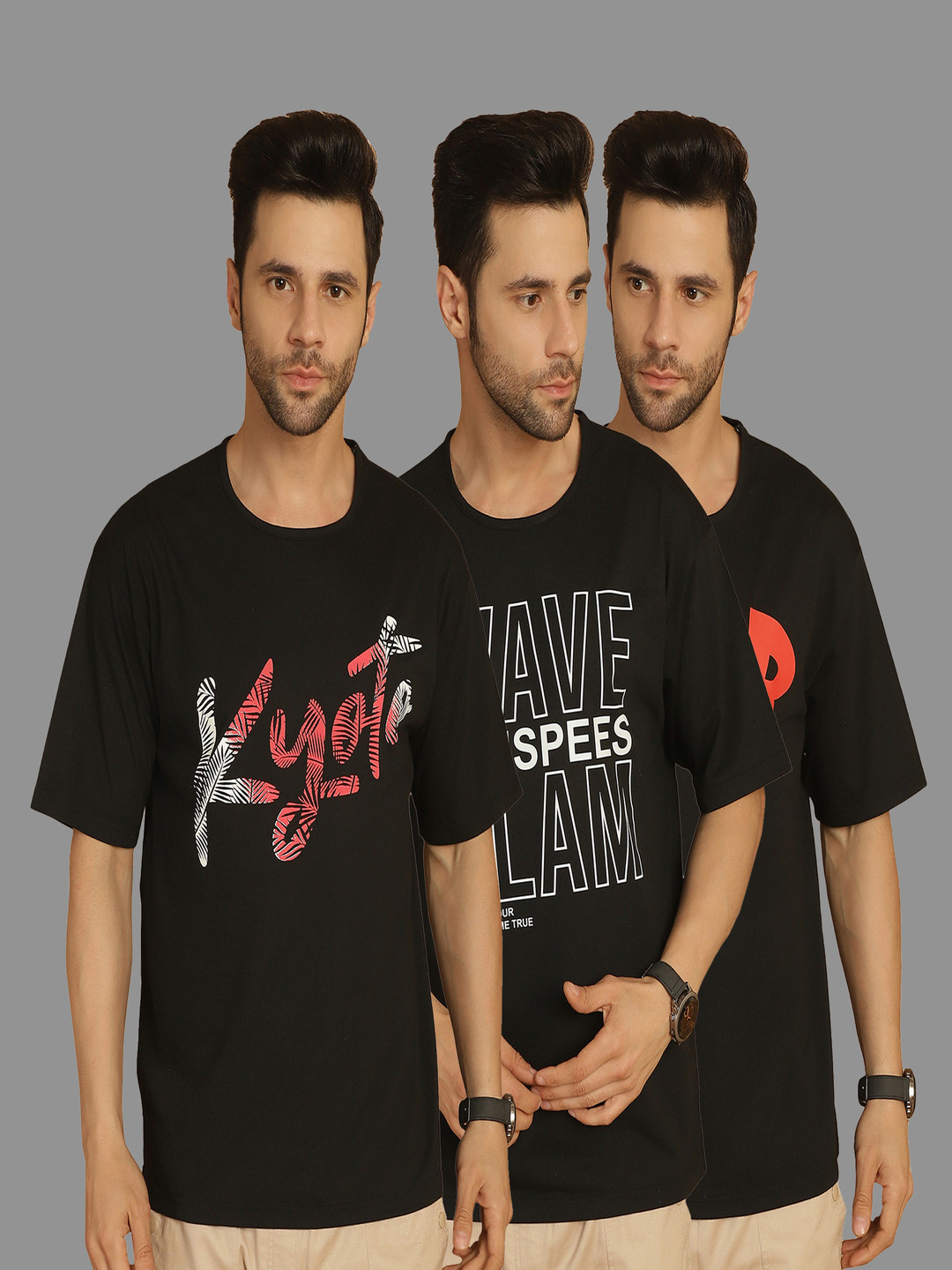 

VIMAL JONNEY Men Pack Of 3 Typography Printed Round Neck Cotton Oversized T-shirts, Multi