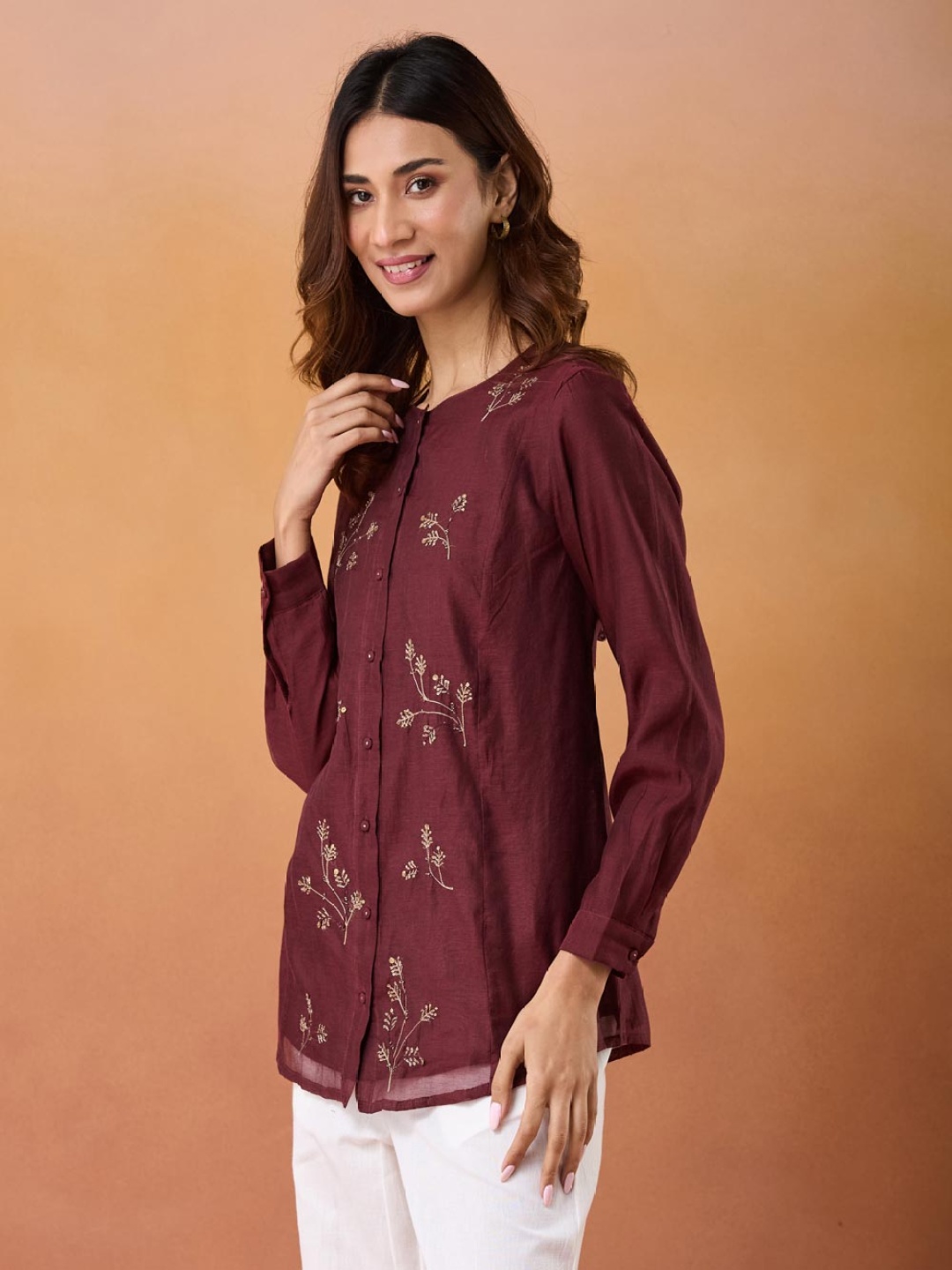 

Fabindia Women Embroidered Embellished Tunic, Maroon