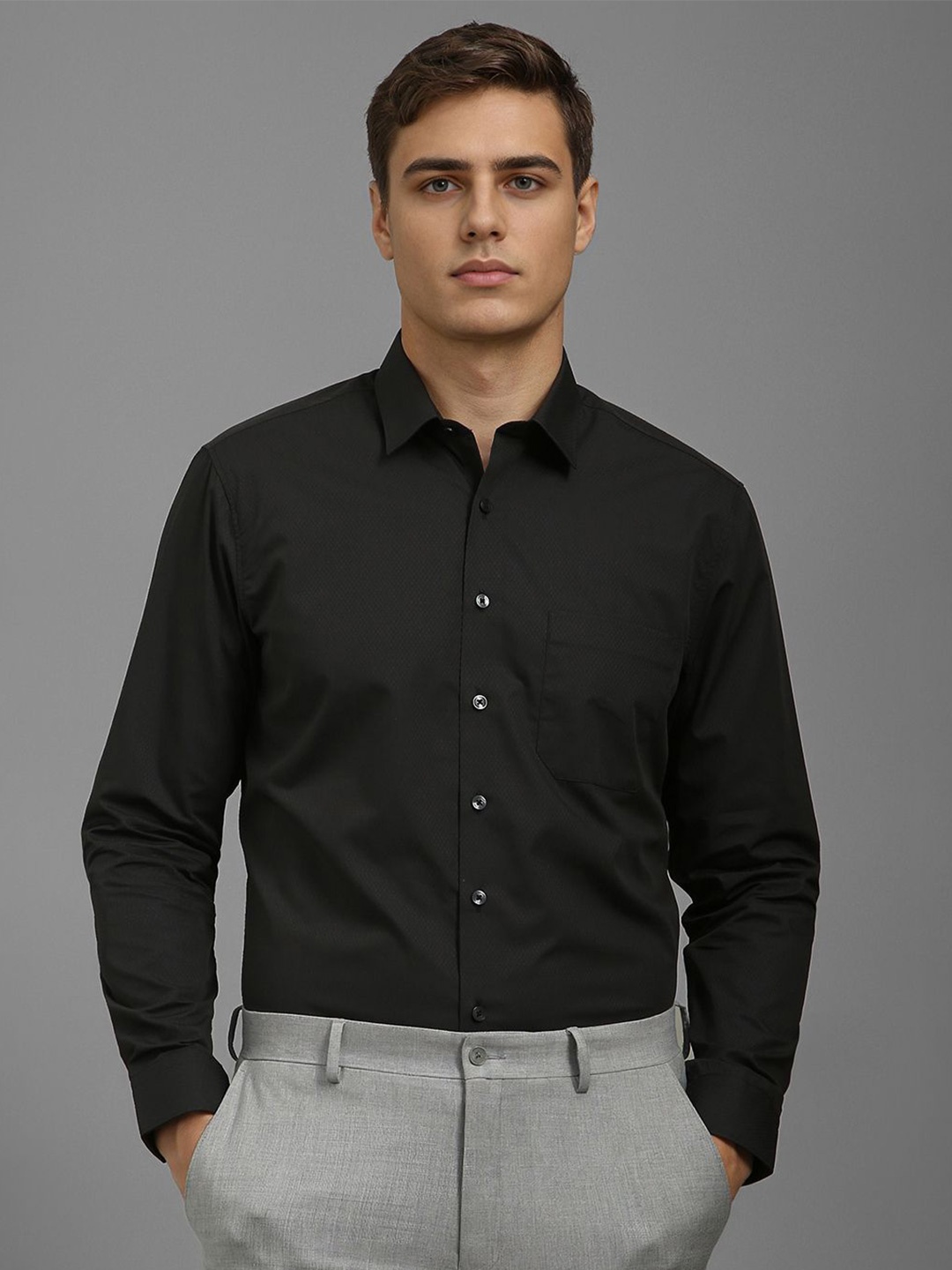 

Louis Philippe Men Slim Fit Spread Collar Textured Cotton Formal Shirt, Black