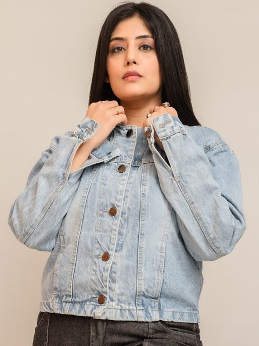 

Wasomii Women Spread Collar Washed Solid Casual Denim Jacket, Blue