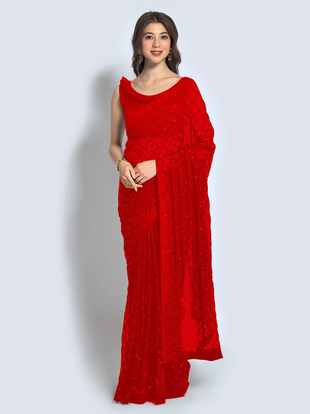 

Moda Rapido Embellished Sequinned Pure Georgette Saree, Red
