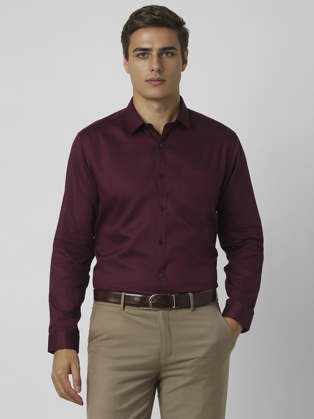 

V Dot Men Slim Fit Spread Collar Solid Cotton Formal Shirt, Burgundy