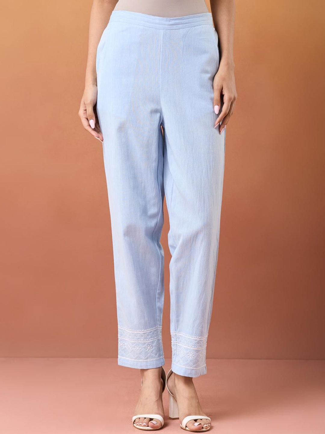 

Fabindia Women Embroidered Slim Fit Mid-Rise Trousers, Blue