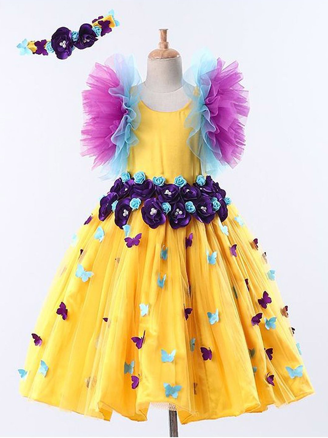 

Li & Li Boutique Girls Yellow and Purple Flower and Butterfly Frock