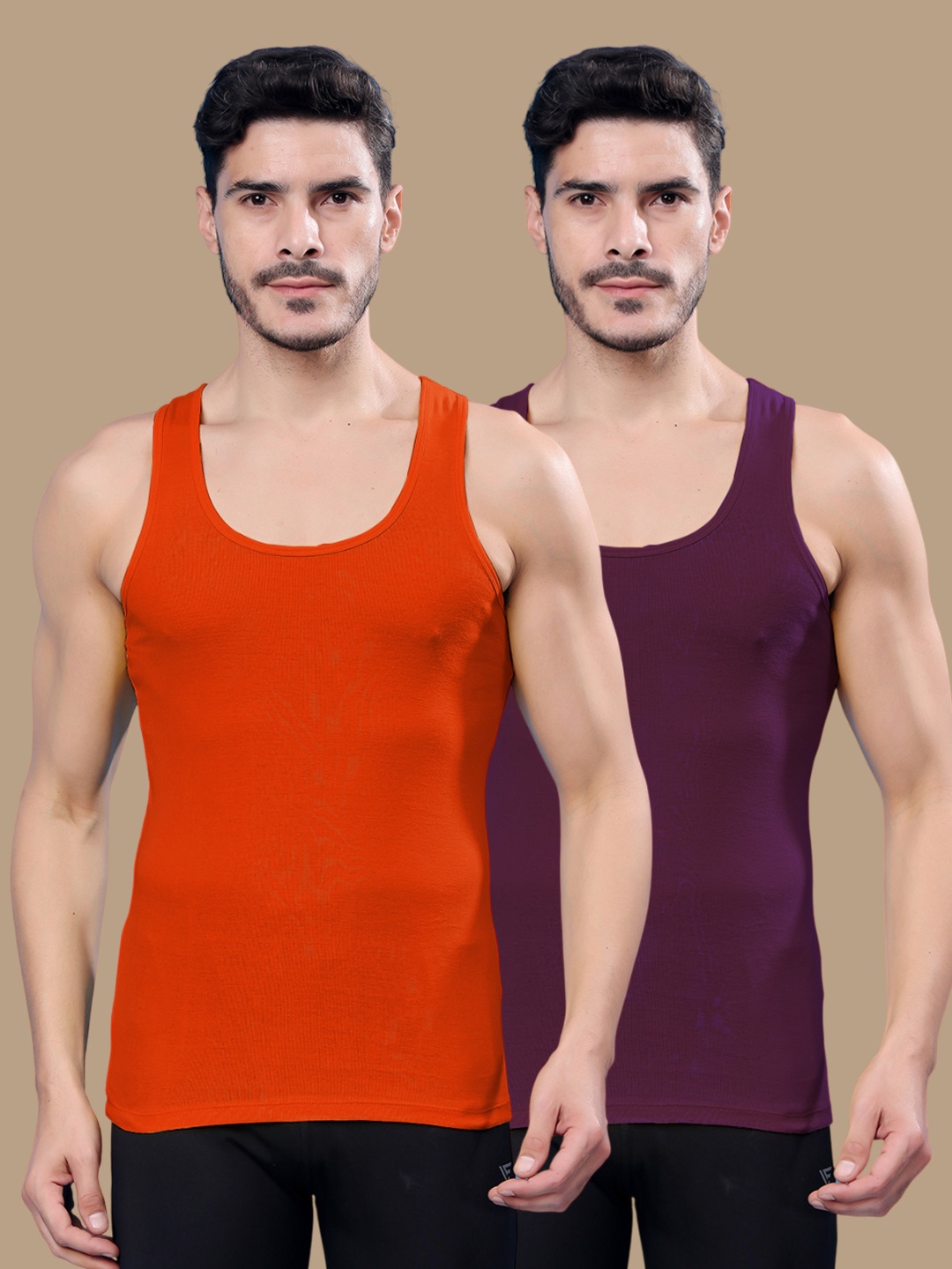 

Friskers Men Pack Of 2 Cotton Ribbed Gym Vest, Orange