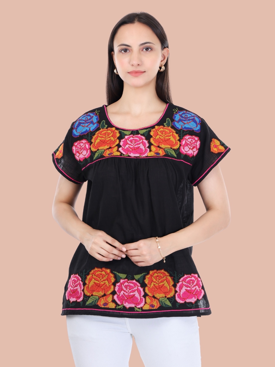 

Moda Rapido Women Floral Embroidered Pure Cotton Straight Kurti, Black