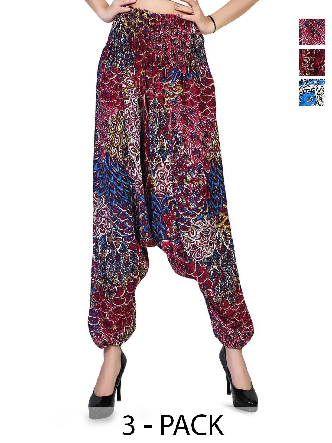 

NarNari Women Pack Of 3 Printed Mid-Rise Harem Pants, Red