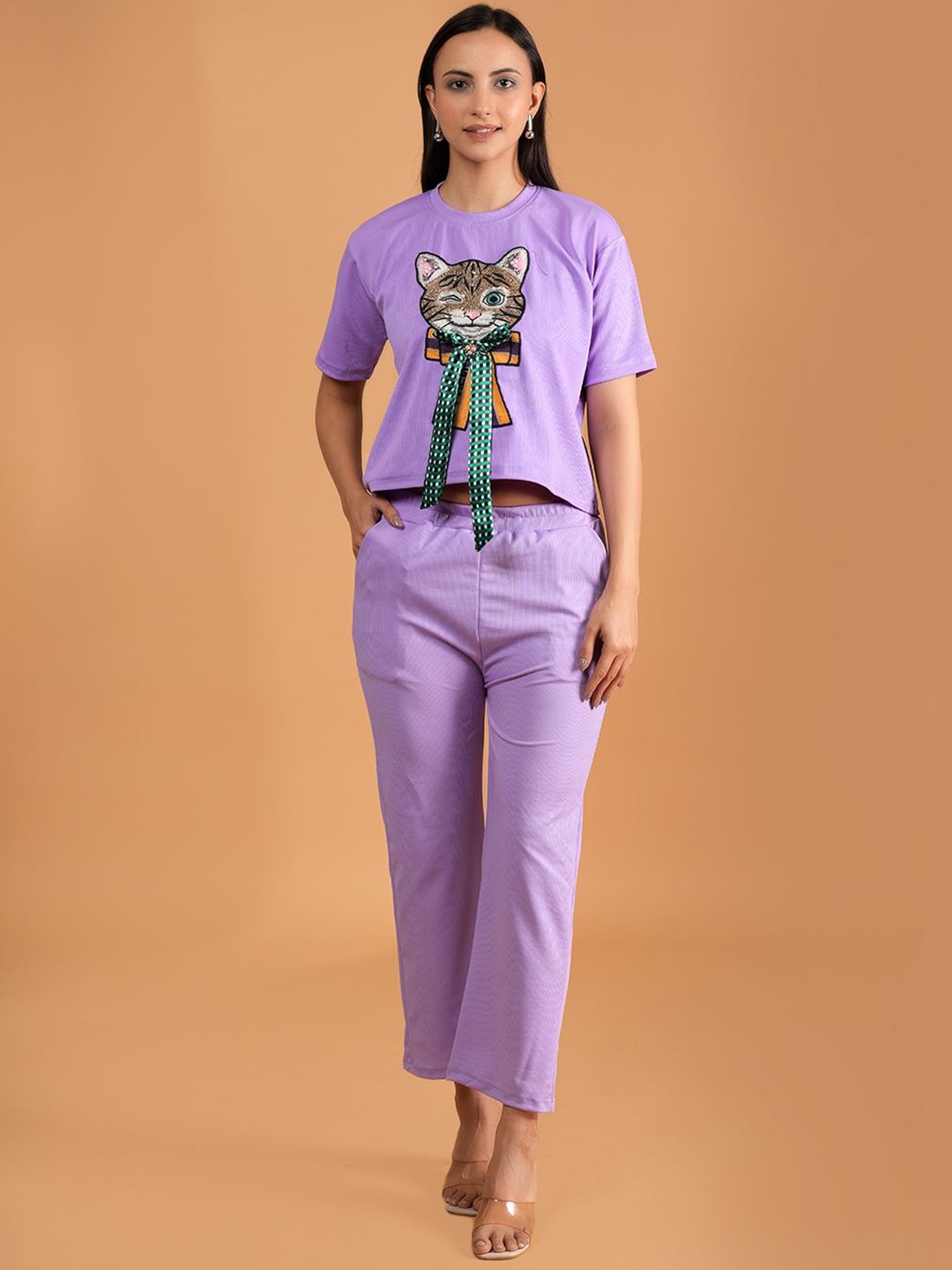 

BAESD Quirky Embroidered Round Neck T-Shirt With Trouser Co-Ords, Purple